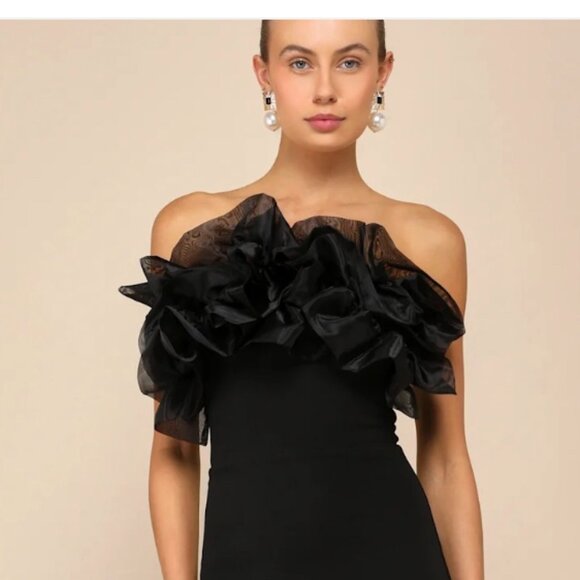 Lulus Women's Evening Excellence Black Ruffled Strapless Mermaid Maxi Dress Sz L - Picture 3 of 9